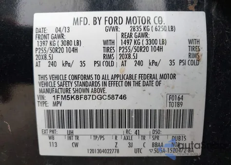 2013 Ford Explorer Limited from USA, damaged, VIN 1FM5K8F87DGC58746